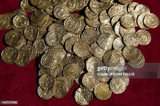 Coins of an Anglo Saxon coin hoard are on display during a photo call at the British Museum in London on February 10, 2015. The hoard, said to be the...