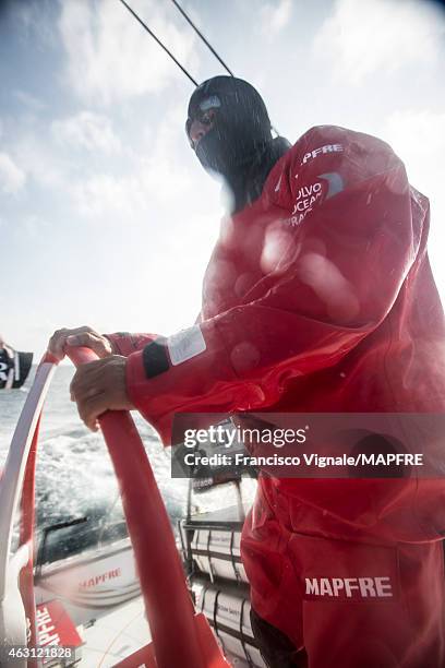 In this handout image provided by the Volvo Ocean Race onboard MAPFRE, Andre Fonseca during a hard day upwind sailing in Leg 4 from Sanya to Auckland...