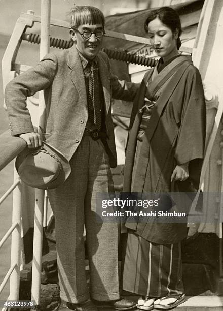 Japanese artist Tsuguharu Fujita, or Leogard Foujita with his wife Kimiyo on a ship ciarca 1935 in Japan.