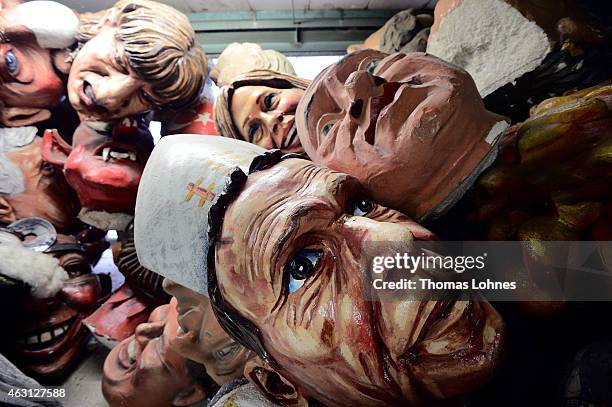 The sculpture head of the Bishop of Limburg, Franz-Peter Tebartz van Elst, lies between Carnival sculptures in a corner of the MCV Carnival club work...