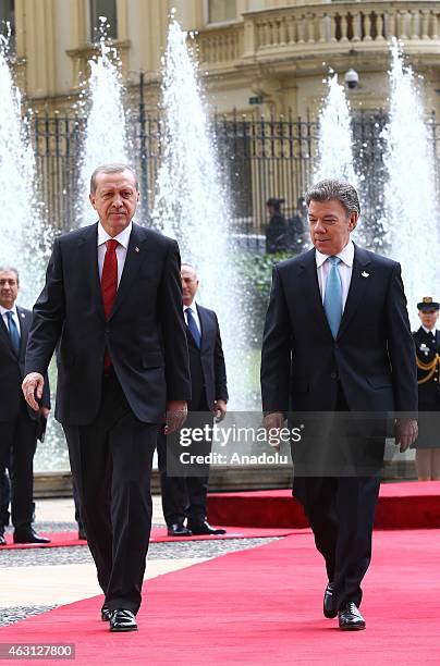 Turkey's President Recep Tayyip Erdogan and Colombian President Juan Manuel Santos meet at Narino Palace in Bogota on February 10, 2015. Erdogan pays...