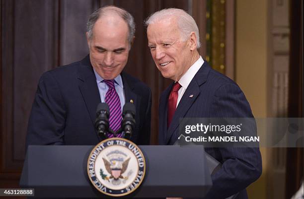 Vice President Joe Biden takes to the lectern after his introduction by Senator Bob Casey , D-PA, during an event with members of Congress to...