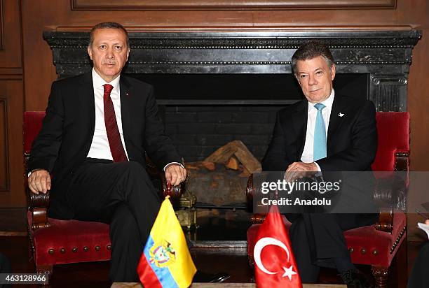 Turkey's President Recep Tayyip Erdogan and Colombian President Juan Manuel Santos meet at Narino Palace in Bogota on February 10, 2015. Erdogan pays...