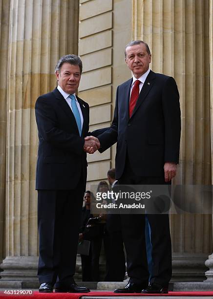 Turkey's President Recep Tayyip Erdogan and Colombian President Juan Manuel Santos meet at Narino Palace in Bogota on February 10, 2015. Erdogan pays...
