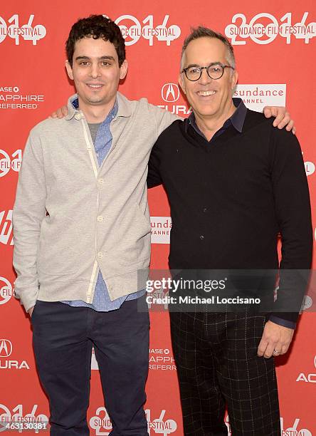 Filmmaker Damien Chazelle and Sundance Film Festival Director John Cooper attend the premiere of "Whiplash" at the Eccles Center Theatre during the...