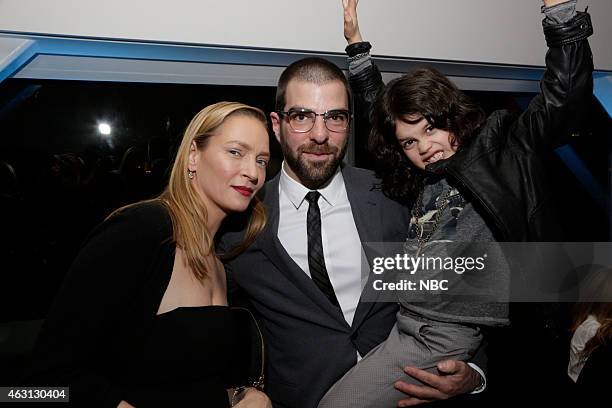 Premiere Party -- Pictured: Uma Thurman as Anouk, Zachary Quinto as Harry, Dylan Schombing as Hugo --