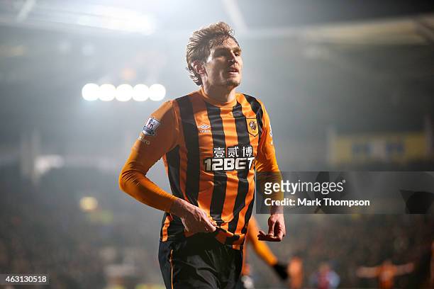 Nikica Jelevic of Hull City celebrates after scoring the opening goal during the Barclays Premier League match between Hull City and Aston Villa at...