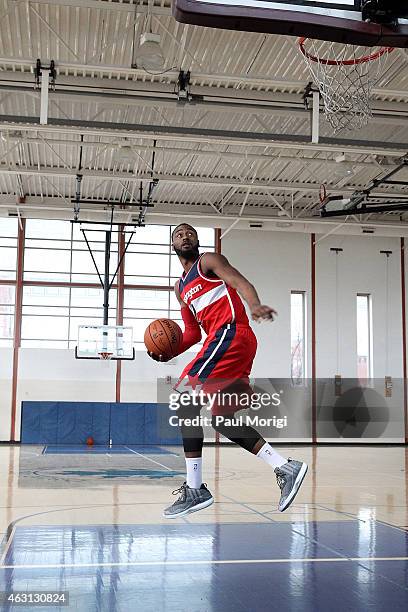 Washington Wizards Point Guard John Wall takes the court at The American Express PIVOT Shoot on January 18, 2015 in Washington, United States.