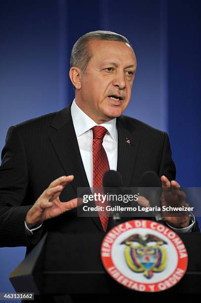 Turkish president Recep Tayyip Erdoga speaks during a joint press conference with Colombian president Juan Manuel Santos after a meeting at Narino...