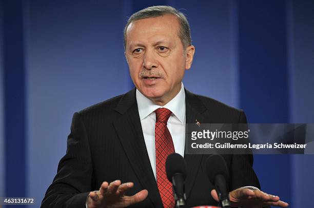 Turkish president Recep Tayyip Erdoga speaks during a joint press conference with Colombian president Juan Manuel Santos after a meeting at Narino...