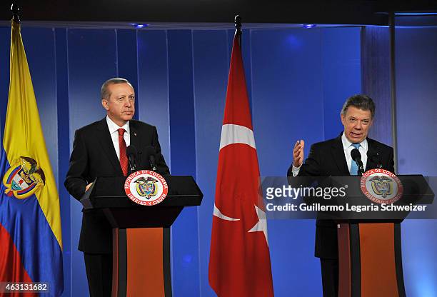 Juan Manuel Santos president of Colombia speaks during a joint press conference with Turkish president Recep Tayyip Erdoga after a meeting at Narino...