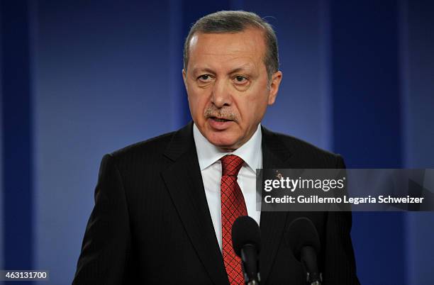 Turkish president Recep Tayyip Erdoga speaks during a joint press conference with Colombian president Juan Manuel Santos after a meeting at Narino...