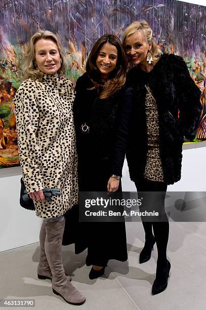 Alison Myners, Katy Wickremesinghe and Bodil Blain attend the private view for Ali Banisadrs' show 'At Once' at Blain Southern on February 10, 2015...