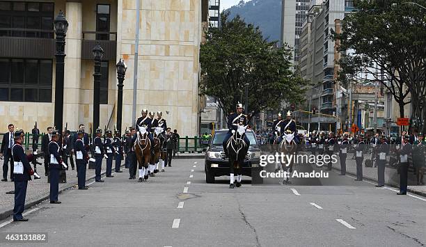 Turkey's President Recep Tayyip Erdogan is welcomed by Colombian President Juan Manuel Santos in Bogota on February 10, 2015. Erdogan pays a two-day...