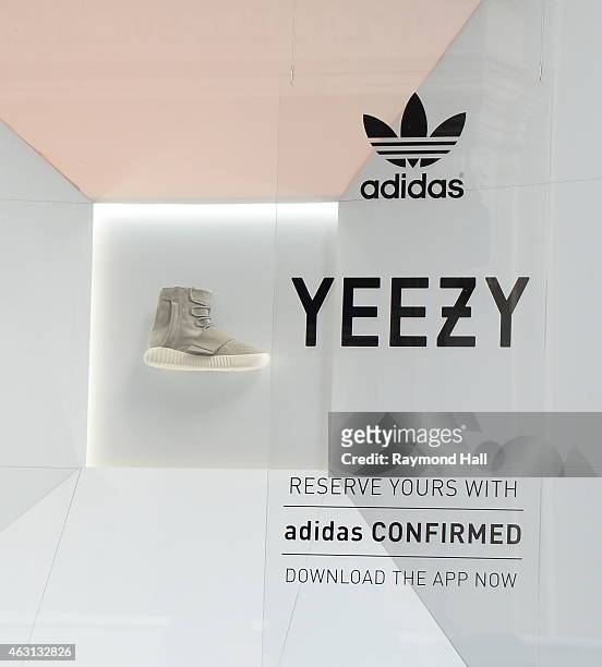 View of the Adidas Store in Soho where the new Kanye West Adidas Originals 'Yeezy Boost' sneakers are on display in the window on February 10, 2015...