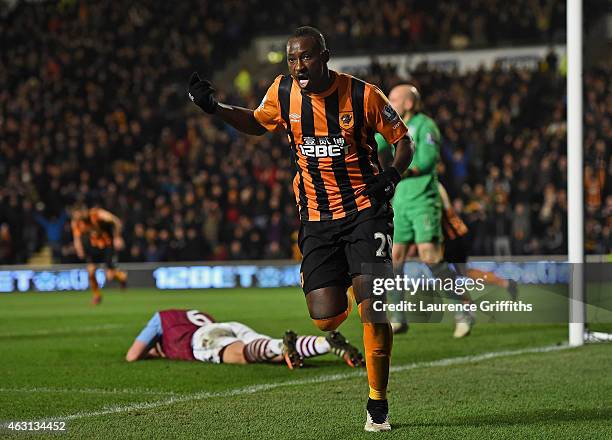 Dame N'Doye of Hull City celebrates after scoring is team's second goal during the Barclays Premier League match between Hull City and Aston Villa at...