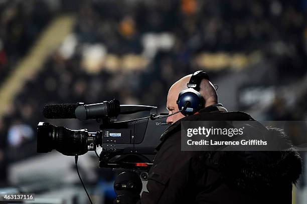 Camera covers the Barclays Premier League match between Hull City and Aston Villa at the KC Stadium on February 10, 2015 in Hull, England.
