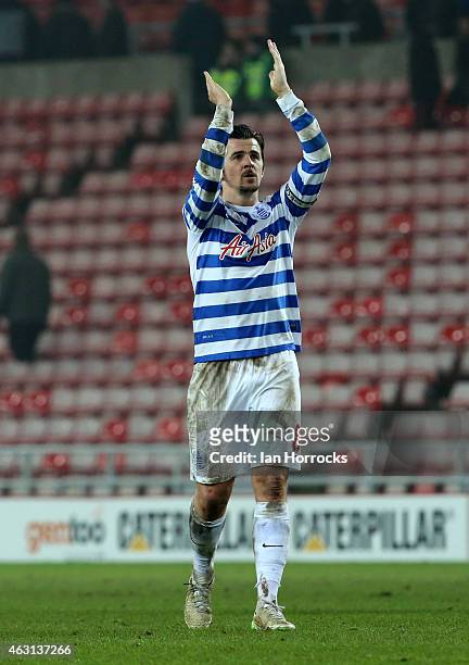 Queens Park Rangers captain Joey Barton applauds the travelling fans at the end of the Barclays Premier League match between Sunderland and Queens...