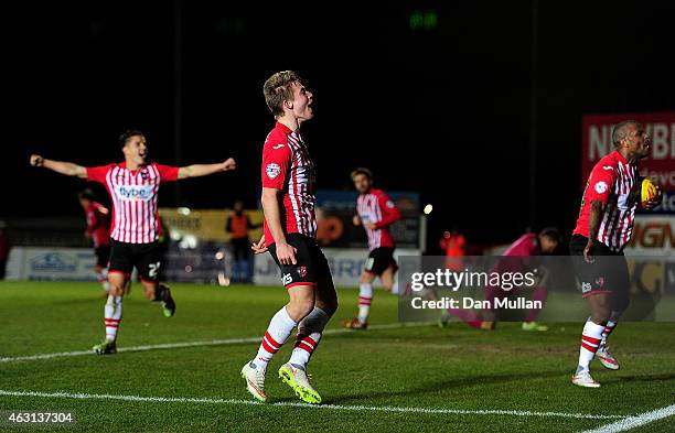 David Wheeler of Exeter City celebrates scoring his side's second goal during the Sky Bet League Two match between Exeter City and Cambridge United...
