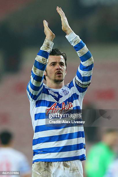 Joey Barton of QPR applauds the fans after the Barclays Premier League match between Sunderland and Queens Park Rangers at Stadium of Light on...