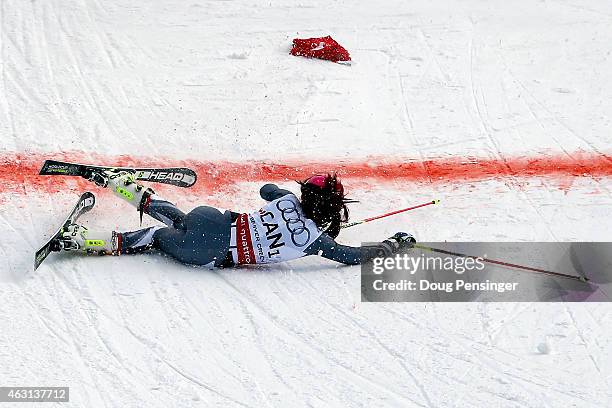 Candace Crawford of Canada crashes in her heat against Viktoria Rebensburg of Germany during the Nations Team Event at Golden Peak Stadium on Day 9...