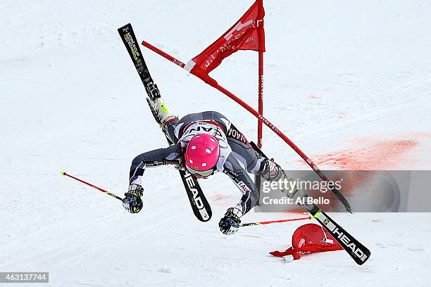Candace Crawford of Canada crashes in her heat against Viktoria Rebensburg of Germany during the Nations Team Event at Golden Peak Stadium on Day 9...