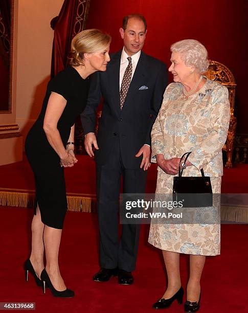 Queen Elizabeth II with Sophie, Countess of Wessex and Prince Edward, Earl of Wessex during her reception to celebrate the patronages & affiliations...