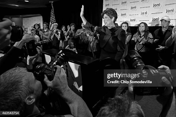 Republican Joni Ernst thanks her supporters after she won the U.S. Senate race on election night at the Marriott Hotel November 4, 2014 in West Des...