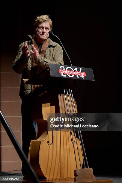 Sundance Institute President and Founder Robert Redford speaks ontage during the premiere of "Whiplash" at the Eccles Center Theatre during the 2014...