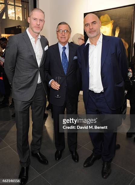 Jean-David Malat, His Excellency Nestor Osorio and Gilles Dyan attend a private view of the Fernando Botero exhibition at The Opera Gallery on...