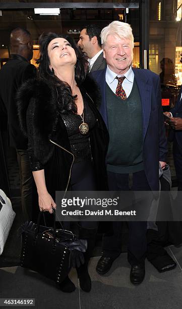 Nancy Dell'olio and Stanley Johnson attend a private view of the Fernando Botero exhibition at The Opera Gallery on February 10, 2015 in London,...