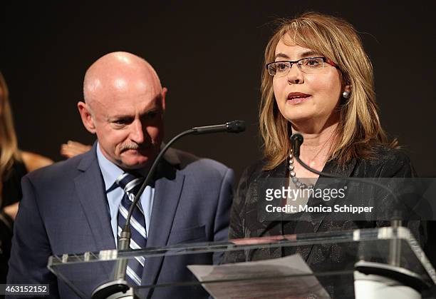Former Congresswoman Gabrielle Giffords , joined by husband Captain Mark Kelly, speaks at the "Not One More" Event at Urban Zen on February 10, 2015...