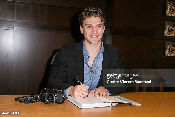 Actor Keegan Allen signs copies of his new book "life.love.beauty" at Barnes & Noble bookstore at The Grove on February 10, 2015 in Los Angeles,...