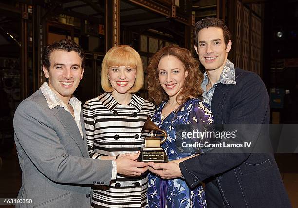 Actors Jarrod Spector, Anika Larsen, Jessie Mueller and Scott J. Campbell of 'Beautful - The Carole King Musical' celebrate their Grammy win at...