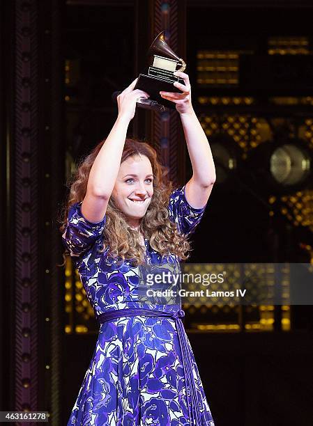 Actress Jessie Mueller of 'Beautful - The Carole King Musical' celebrates her Grammy win at Stephen Sondheim Theatre on February 10, 2015 in New York...