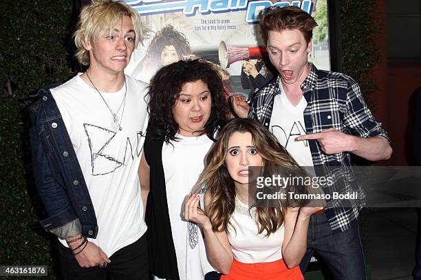 Actors Ross Lynch, Raini Rodriguez, Calum Worthy and Laura Marano attend the Disney Channel Original Movie "Bad Hair Day" Los Angeles premiere held...