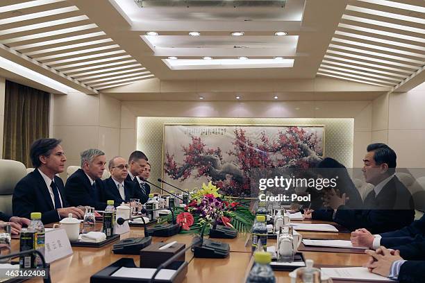 Deputy Secretary of State Antony Blinken attends a bilateral meeting with Chinese Foreign Minister Wang Yi at the Foreign Ministry office on February...