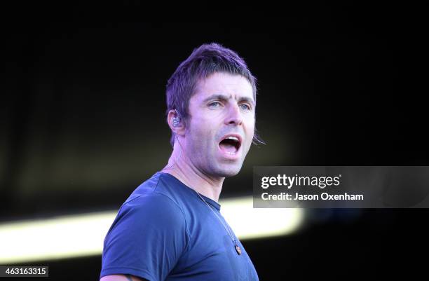 Liam Gallagher of Beady Eye performs live for fans during the 2014 Big Day Out Festival at Western Springs on January 17, 2014 in Auckland, New...