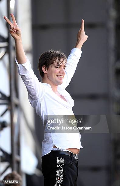 Howlin' Pelle Almqvist of The Hives performs live for fans during the 2014 Big Day Out Festival at Western Springs on January 17, 2014 in Auckland,...