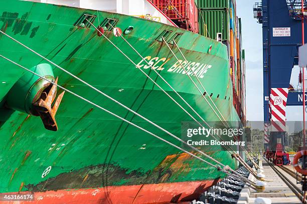 The China Shipping Container Lines Co. CSCL Brisbane container ship sits docked at Terminal 3 of Port Botany, operated by Sydney International...