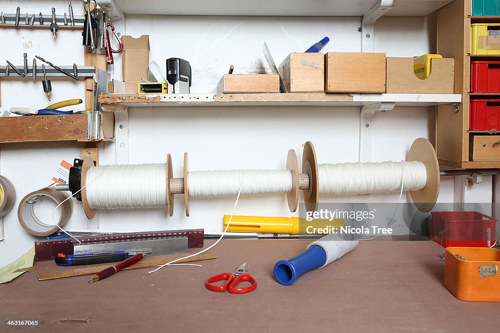Close up of Picture framing workshop bench