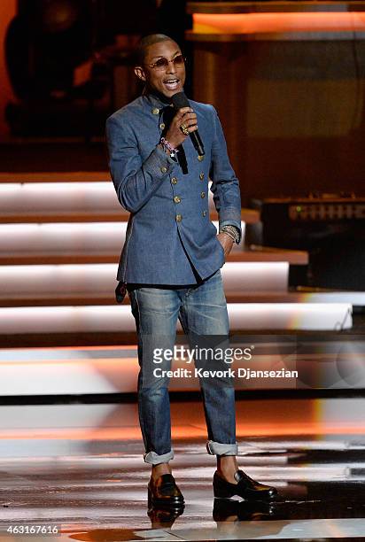 Recording artist Pharrell Williams performs onstage during Stevie Wonder: Songs In The Key Of Life - An All-Star GRAMMY Salute at Nokia Theatre L.A....