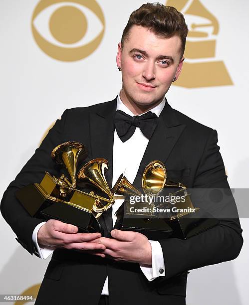 Sam Smith poses at the The 57th Annual GRAMMY Awards on February 8, 2015 in Los Angeles, California.