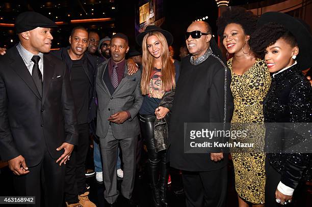 Cool J, Jay Z, Jamie Foxx, Beyonce, Stevie Wonder, Aisha Morris and Janelle Monae attend Stevie Wonder: Songs In The Key Of Life - An All-Star GRAMMY...