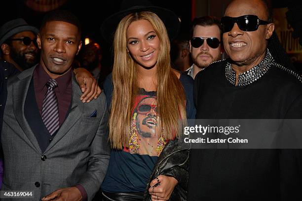 Actor Jamie Foxx, recording artist Beyonce and honoree Stevie Wonder attend Stevie Wonder: Songs In The Key Of Life - An All-Star GRAMMY Salute at...