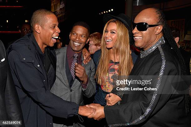 Rapper Jay-Z, actor Jamie Foxx, recording artist Beyonce and honoree Stevie Wonder attend Stevie Wonder: Songs In The Key Of Life - An All-Star...
