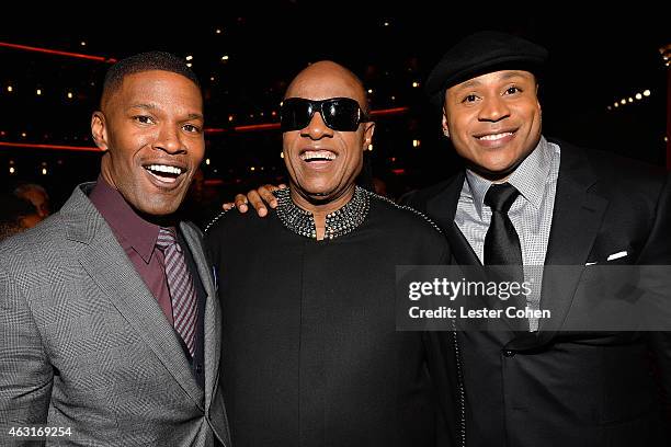 Actor Jamie Foxx, honoree Stevie Wonder and host LL Cool J attend Stevie Wonder: Songs In The Key Of Life - An All-Star GRAMMY Salute at Nokia...