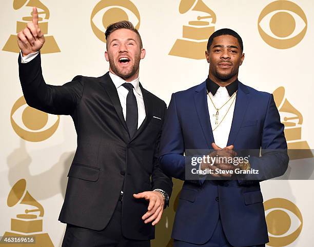 Malcolm Butler and Julian Edelman poses at the The 57th Annual GRAMMY Awards on February 8, 2015 in Los Angeles, California.