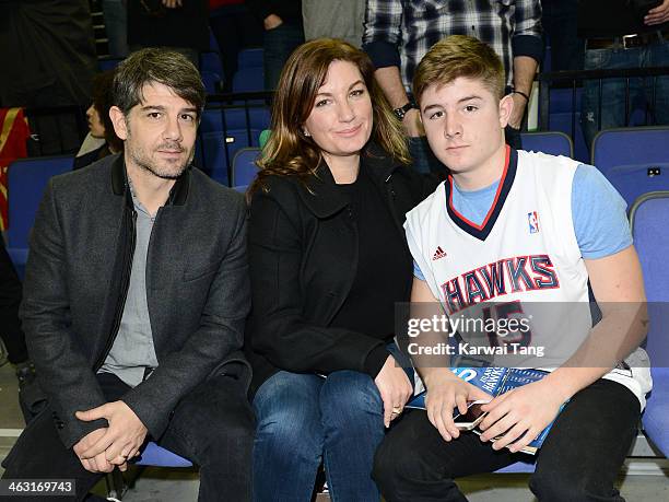 Paul Peschisolido, Karren Brady and son Paolo attend the NBA Live basketball match between the Brooklyn Nets and Atlanta Hawks at the 02 Arena on...