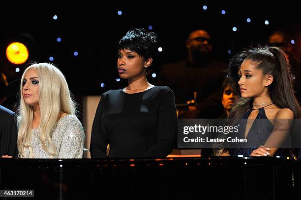 Recording artists Lady Gaga, Jennifer Hudson and singer Ariana Grande perform onstage during Stevie Wonder: Songs In The Key Of Life - An All-Star...